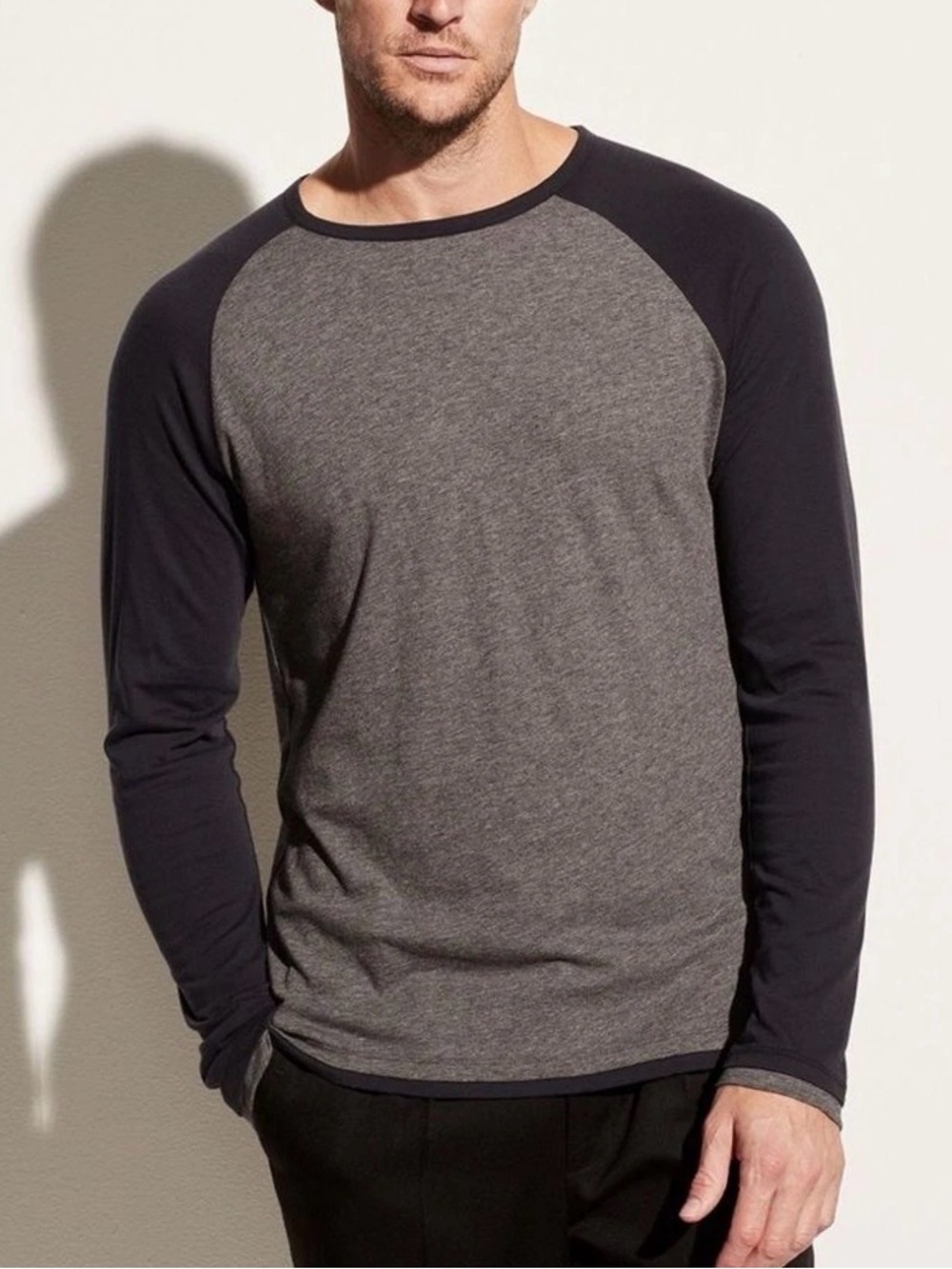 Vince Mens Crew Shirt XL Double Layer Long Sleeve Pima Cotton Casual Gray Black